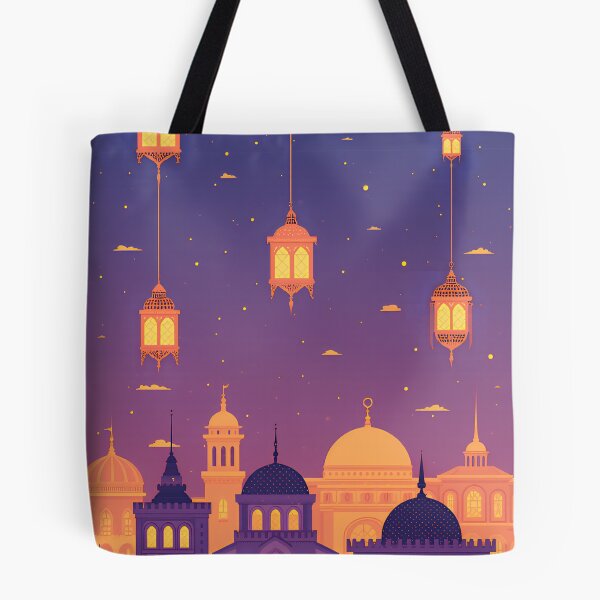 Item preview, Colorful lanterns hanging above a vibrant city skyline at dusk with a starry sky and unique architectural features designed and sold by SpaceartLilu.