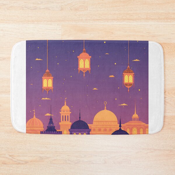 Item preview, Colorful lanterns hanging above a vibrant city skyline at dusk with a starry sky and unique architectural features designed and sold by SpaceartLilu.