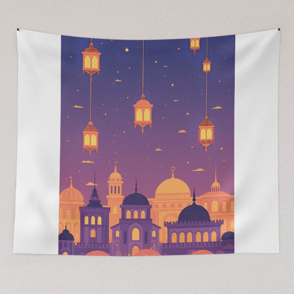 Item preview, Colorful lanterns hanging above a vibrant city skyline at dusk with a starry sky and unique architectural features designed and sold by SpaceartLilu.