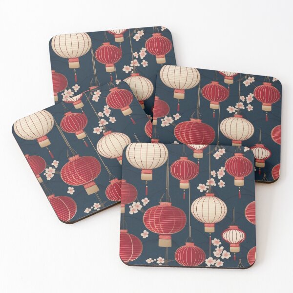 Item preview, Japanese Lantern Pattern with Cherry Blossoms – Indigo Red & White designed and sold by Vandy Fullam.