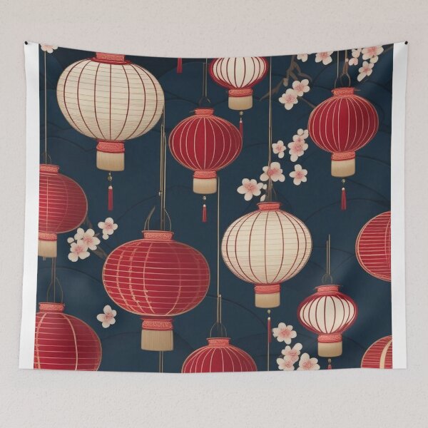 Item preview, Japanese Lantern Pattern with Cherry Blossoms – Indigo Red & White designed and sold by Vandy Fullam.