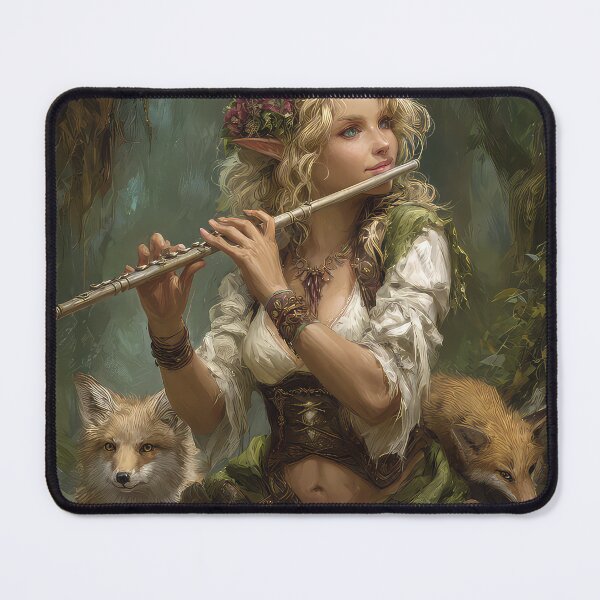 Item preview, elf woman playing a flute in a deep green forest with a fox at her feet designed and sold by thewandswant.