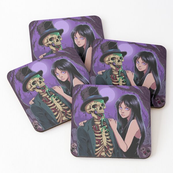 Item preview, Fancy dapper Skeleton man rotting in the night next to a sexy vampire girl cool horror art designed and sold by Vintage Designs +.