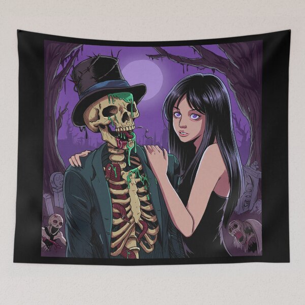 Item preview, Fancy dapper Skeleton man rotting in the night next to a sexy vampire girl cool horror art designed and sold by Vintage Designs +.