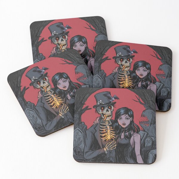 Item preview, Fancy dapper Skeleton man rotting in the night next to a sexy vampire girl cool horror art designed and sold by Vintage Designs +.