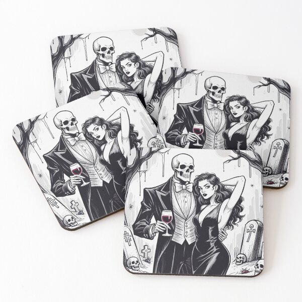 Item preview, Fancy dapper Skeleton man rotting in the night next to a sexy vampire girl cool horror art designed and sold by Vintage Designs +.
