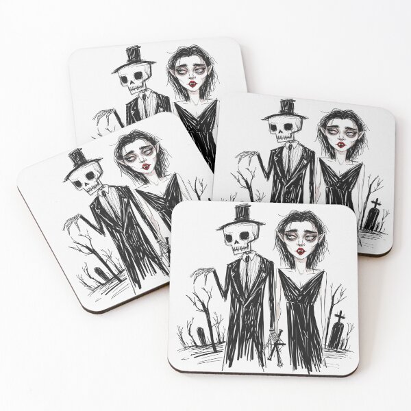 Item preview, Fancy dapper Skeleton man rotting in the night next to a sexy vampire girl cool horror art designed and sold by Vintage Designs +.