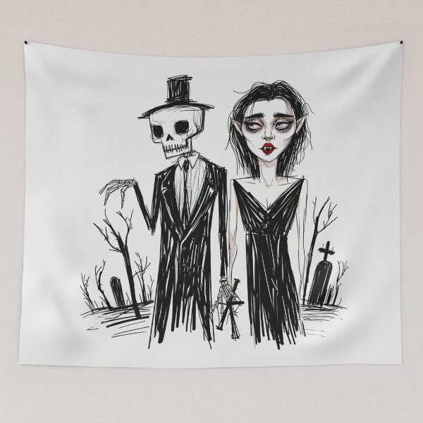 Item preview, Fancy dapper Skeleton man rotting in the night next to a sexy vampire girl cool horror art designed and sold by Vintage Designs +.