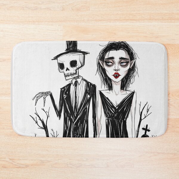 Item preview, Fancy dapper Skeleton man rotting in the night next to a sexy vampire girl cool horror art designed and sold by Vintage Designs +.