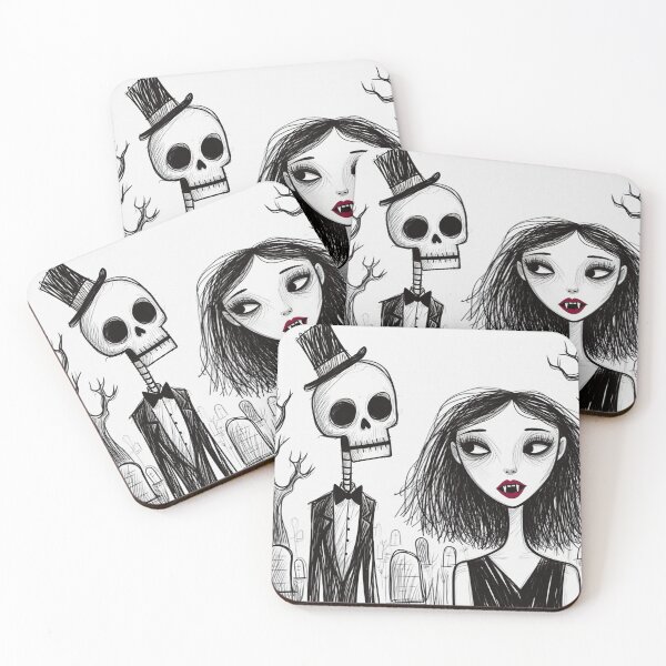 Item preview,  Fancy dapper Skeleton man rotting in the night next to a sexy vampire girl cool horror art designed and sold by Vintage Designs +.