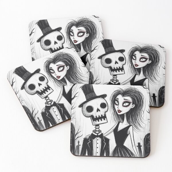 Item preview,  Fancy dapper Skeleton man rotting in the night next to a sexy vampire girl cool horror art designed and sold by Vintage Designs +.