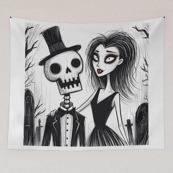 Item preview,  Fancy dapper Skeleton man rotting in the night next to a sexy vampire girl cool horror art designed and sold by Vintage Designs +.