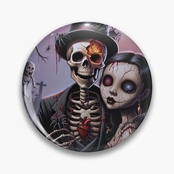 Item preview, A horrible skeleton man and a zombie girl at a halloween party together taking a photo designed and sold by Vintage Designs +.