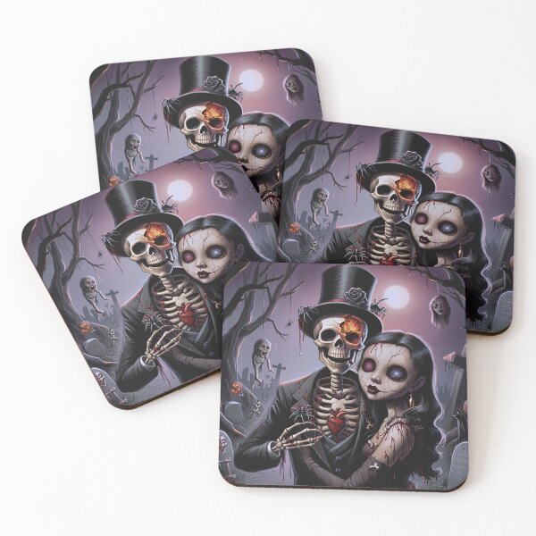 Item preview, A horrible skeleton man and a zombie girl at a halloween party together taking a photo designed and sold by Vintage Designs +.