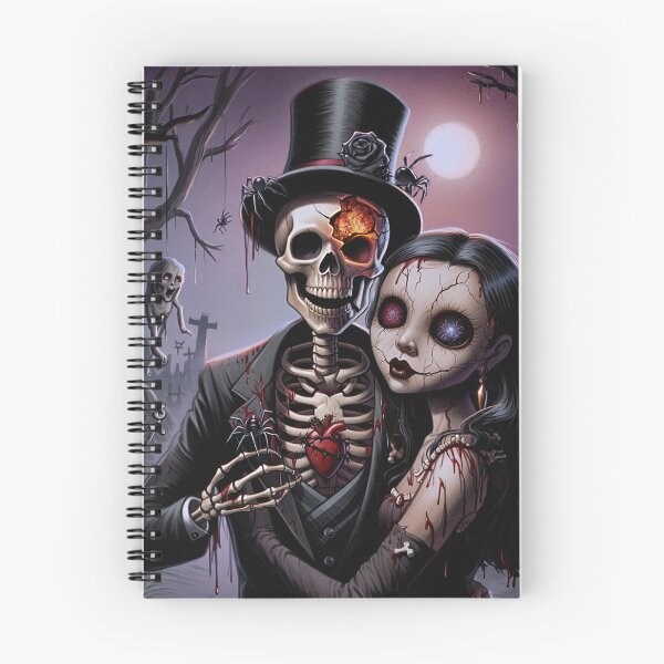 Item preview, A horrible skeleton man and a zombie girl at a halloween party together taking a photo designed and sold by Vintage Designs +.