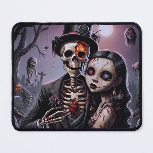 Item preview, A horrible skeleton man and a zombie girl at a halloween party together taking a photo designed and sold by Vintage Designs +.