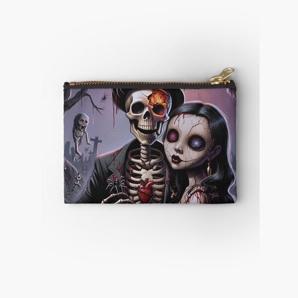 Item preview, A horrible skeleton man and a zombie girl at a halloween party together taking a photo designed and sold by Vintage Designs +.