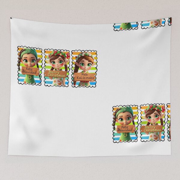 Item preview, Collage Style Tropical Elves Christmas Design | Cute Cartoon Holiday Greetings with Vintage Beach Sunrise designed and sold by Sun Sand & Sea Art.