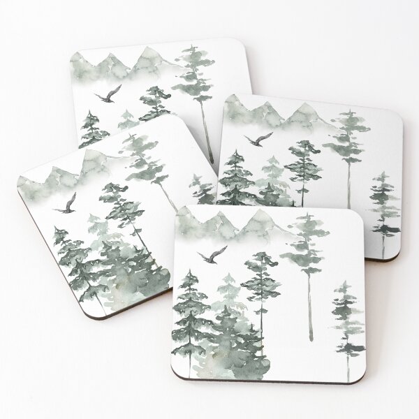 Item preview, Mountain Pine Trees, Watercolor Nature Art, Flying birds over Minimalist Mountain designed and sold by ArticraftShop.