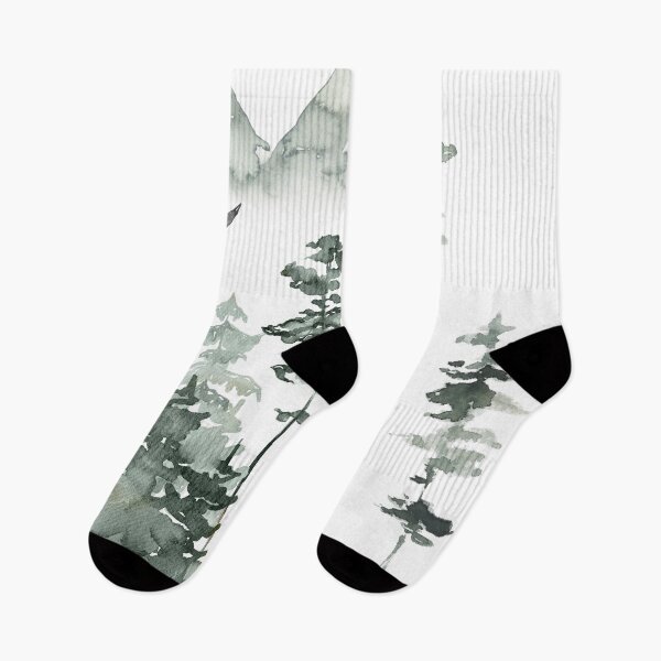 Item preview, Mountain Pine Trees, Watercolor Nature Art, Flying birds over Minimalist Mountain designed and sold by ArticraftShop.