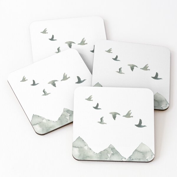 Item preview, Mountain Watercolor Nature Art, Flying birds over Minimalist Mountain designed and sold by ArticraftShop.