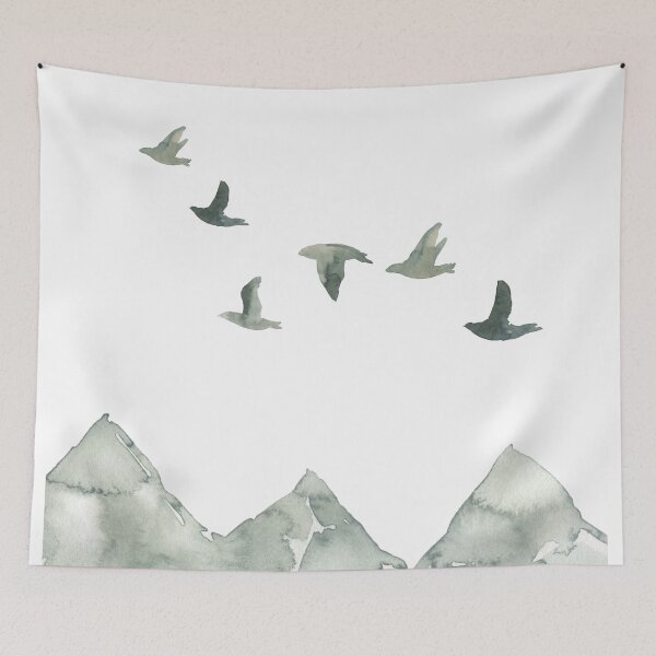 Item preview, Mountain Watercolor Nature Art, Flying birds over Minimalist Mountain designed and sold by ArticraftShop.
