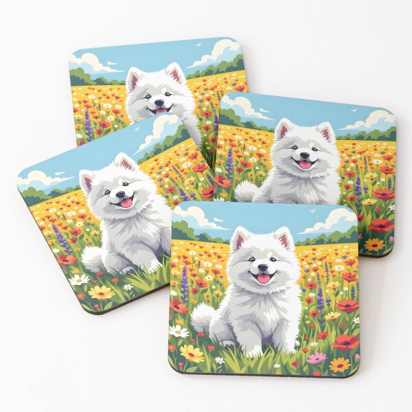 Item preview, White Cute Samoyed – Young Dog Sitting on Blooming Summer Field Digital Art designed and sold by EmeraldeaArt.