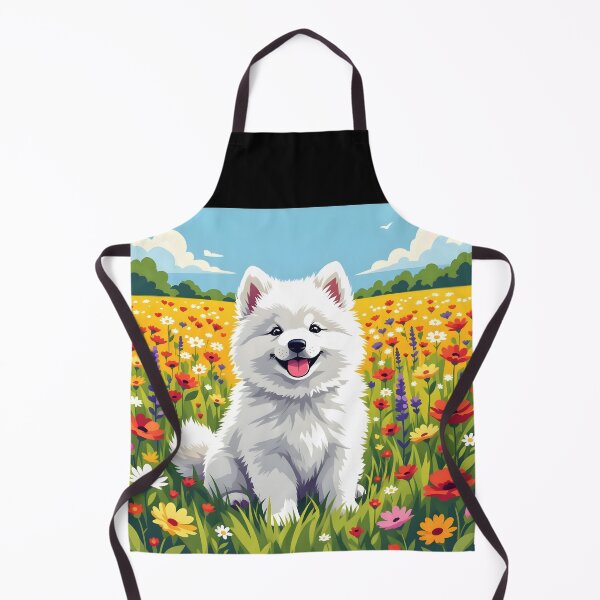 Item preview, White Cute Samoyed – Young Dog Sitting on Blooming Summer Field Digital Art designed and sold by EmeraldeaArt.