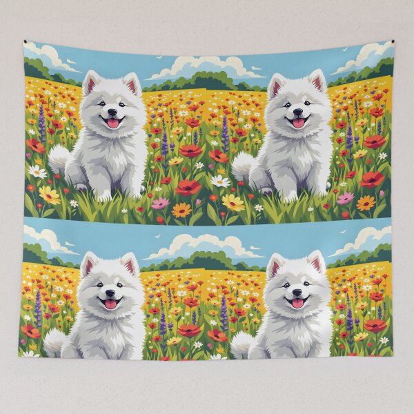 Item preview, White Cute Samoyed – Young Dog Sitting on Blooming Summer Field Digital Art designed and sold by EmeraldeaArt.