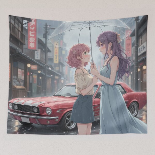 Item preview, Yuri Waifus Rainy Lowrider Scene – Romantic Anime Art designed and sold by GerwantSHOP.