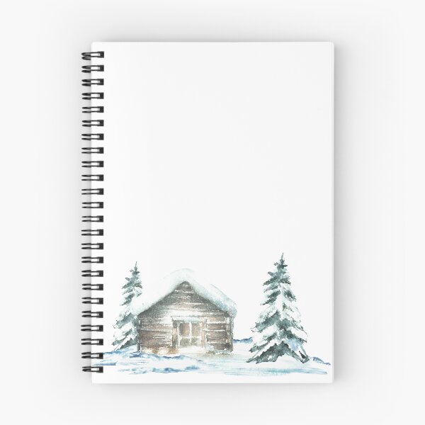 Artikelvorschau, Kopie der Winterlandschaft mit Alpenhütte und verschneiter Kiefer oder Tanne. Aquarell handgemalte Illustration entworfen und verkauft von BartolArt.