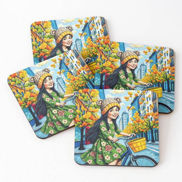 Item preview, Autumn Ride – Girl on Bike in Charming City Streets designed and sold by EmeraldeaArt.