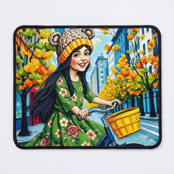Item preview, Autumn Ride – Girl on Bike in Charming City Streets designed and sold by EmeraldeaArt.