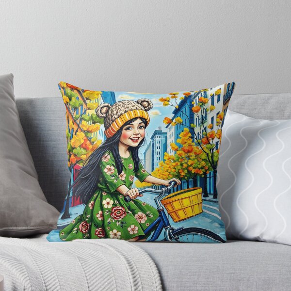 Item preview, Autumn Ride – Girl on Bike in Charming City Streets designed and sold by EmeraldeaArt.