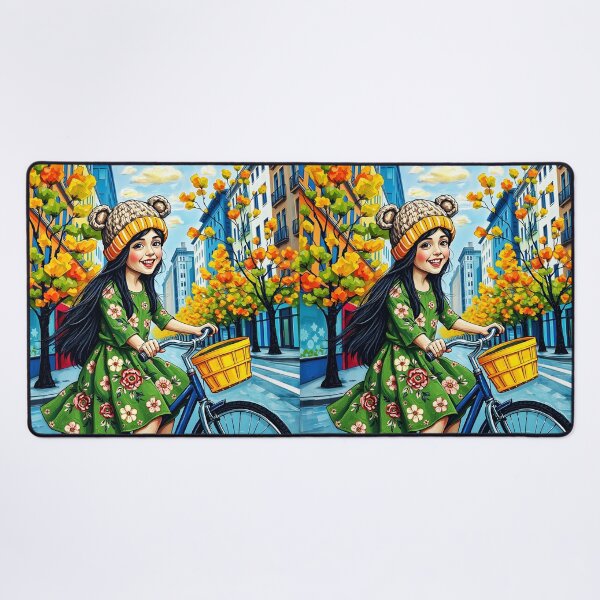 Item preview, Autumn Ride – Girl on Bike in Charming City Streets designed and sold by EmeraldeaArt.