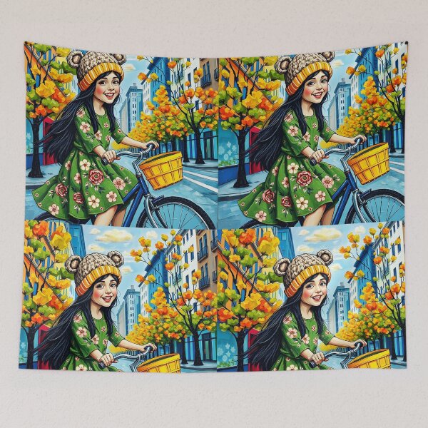 Item preview, Autumn Ride – Girl on Bike in Charming City Streets designed and sold by EmeraldeaArt.