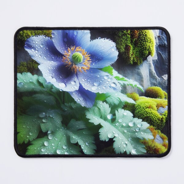 Item preview, Dew-Kissed Blue Mountain Flower – Mossy Rock Close-Up designed and sold by EmeraldeaArt.