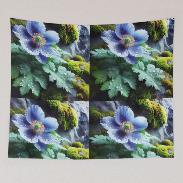 Item preview, Dew-Kissed Blue Mountain Flower – Mossy Rock Close-Up designed and sold by EmeraldeaArt.