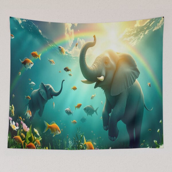 Item preview, Elephants Swimming with Fish Under a Rainbow Sky  designed and sold by Sharon Schwalbe.