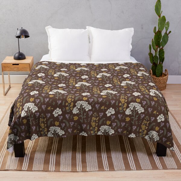 Item preview, white yellow purple florals and green leaves on Brown - large designed and sold by artbyganga.