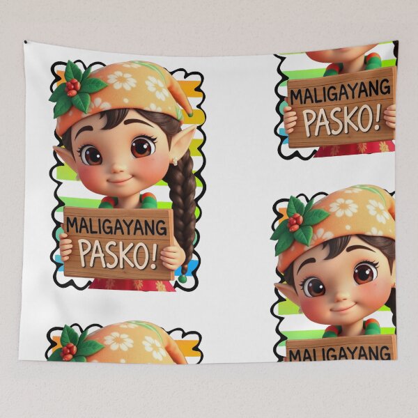 Item preview, Island Girl Elf Christmas Design | Cute Cartoon Maligayang Pasko on Tropical Beach with Vintage Sunrise designed and sold by Sun Sand & Sea Art.