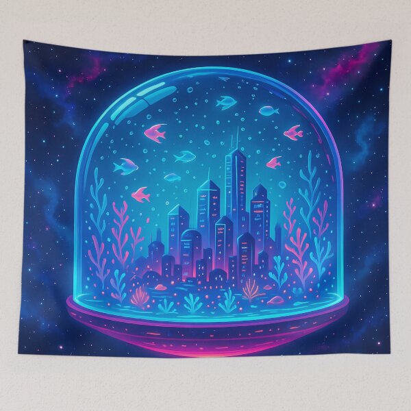Item preview, Neon Cosmic Aquarium City – Futuristic Synthwave Dome designed and sold by JWsNeonHorizons.