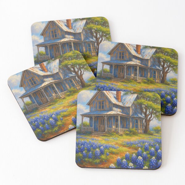 Item preview, Rustic Blue Farmhouse with Texas Bluebonnets – Country Landscape Art designed and sold by PixelExpressStudio.