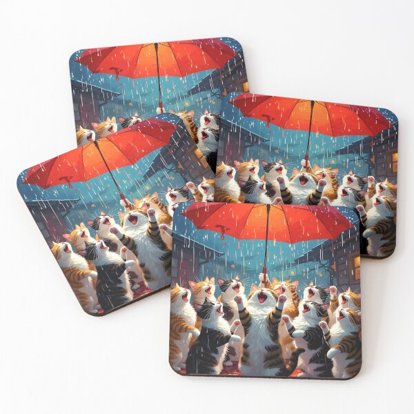 Item preview, Large Group of Cats Sing and Dancing in the Rain with an Umbrella on a Hot Red Roof designed and sold by Sharon Schwalbe.