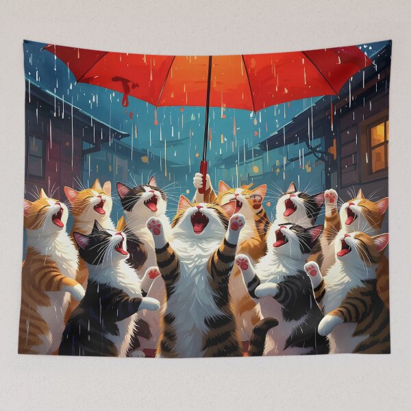 Item preview, Large Group of Cats Sing and Dancing in the Rain with an Umbrella on a Hot Red Roof designed and sold by Sharon Schwalbe.