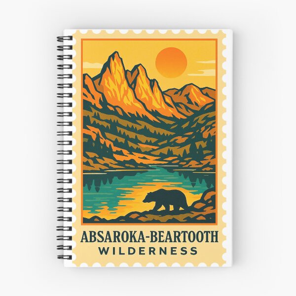 Item preview, vintage stamp absaroka beartooth wilderness montana with sun mountain bear sillhoute designed and sold by astriebatik.
