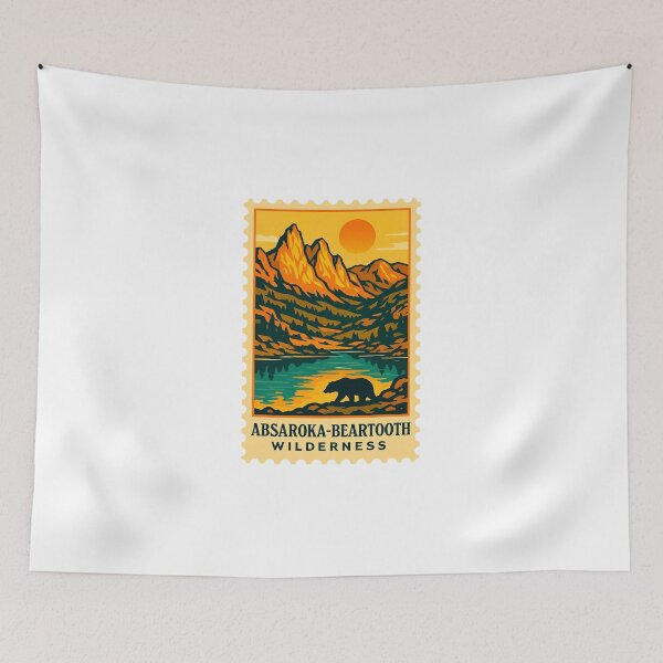 Item preview, vintage stamp absaroka beartooth wilderness montana with sun mountain bear sillhoute designed and sold by astriebatik.