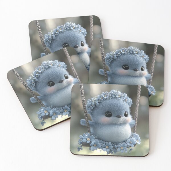 Item preview, Cute Blue Baby Bird on Flower Swing – Kawaii Spring Animal Art designed and sold by PaintbrushPlace.