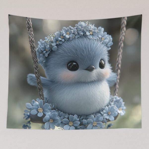 Item preview, Cute Blue Baby Bird on Flower Swing – Kawaii Spring Animal Art designed and sold by PaintbrushPlace.
