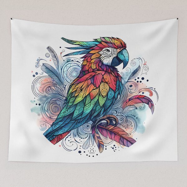 Item preview, Watercolor red parrot in circle surrounded by feathers designed and sold by Astralia.
